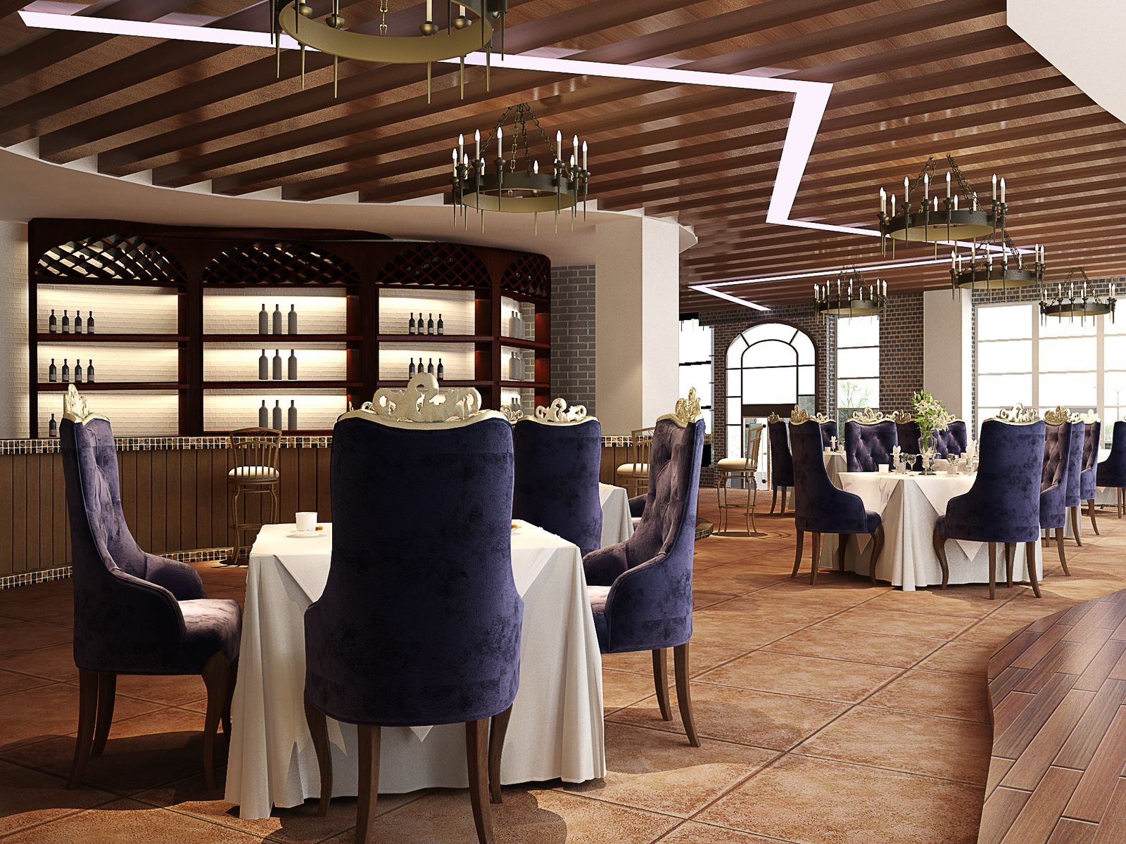 Sala del restaurante con mesas vestidas y barra al fondo